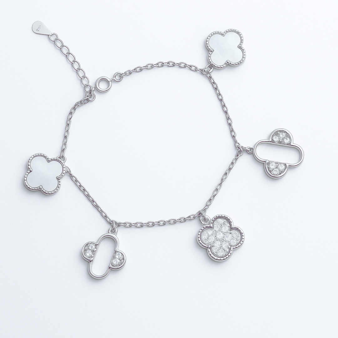 925 Sterling Silver Charm Bracelet for Women – Mother of Pearl & Crystal Floral Charms - SILVER OCEAN 925 Sterling Silver Charm Bracelet for Women – Mother of Pearl & Crystal Floral Charms