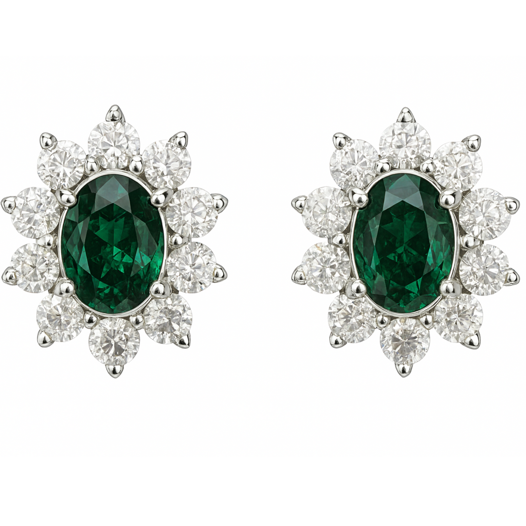 silver Luxury Green Emerald & Diamond Halo Stud Earrings - SILVER OCEAN silver Luxury Green Emerald & Diamond Halo Stud Earrings