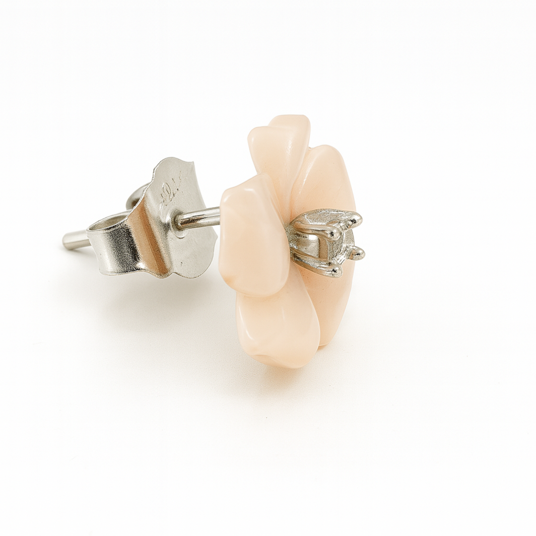 Silver delicate Pink Floral Stud Earrings with Shimmering Center Stone - SILVER OCEAN Silver delicate Pink Floral Stud Earrings with Shimmering Center Stone