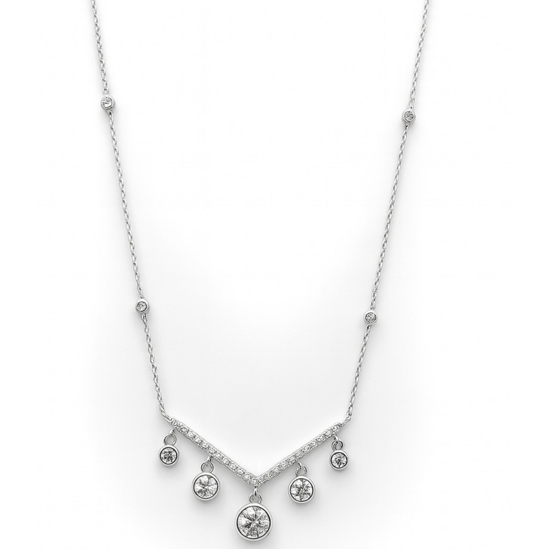 Luxury V-Shape Sterling Silver Necklace with Shimmering CZ Drops Silver Ocean Luxury V-Shape Sterling Silver Necklace with Shimmering CZ Drops