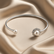 Elegant Silver Kada with Dual Pearl & Crystal Floral Design - SILVER OCEAN Elegant Silver Kada with Dual Pearl & Crystal Floral Design