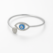 Evil Eye Open Silver Kada Bracelet with CZ Stones – Adjustable Cuff - SILVER OCEAN Evil Eye Open Silver Kada Bracelet with CZ Stones – Adjustable Cuff
