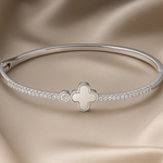 Load image into Gallery viewer, 925 Sterling Silver Kada with Clover &amp; Diamond-Cut CZ Accents – Elegant Women’s Bangle - SILVER OCEAN 925 Sterling Silver Kada with Clover &amp; Diamond-Cut CZ Accents – Elegant Women’s Bangle
