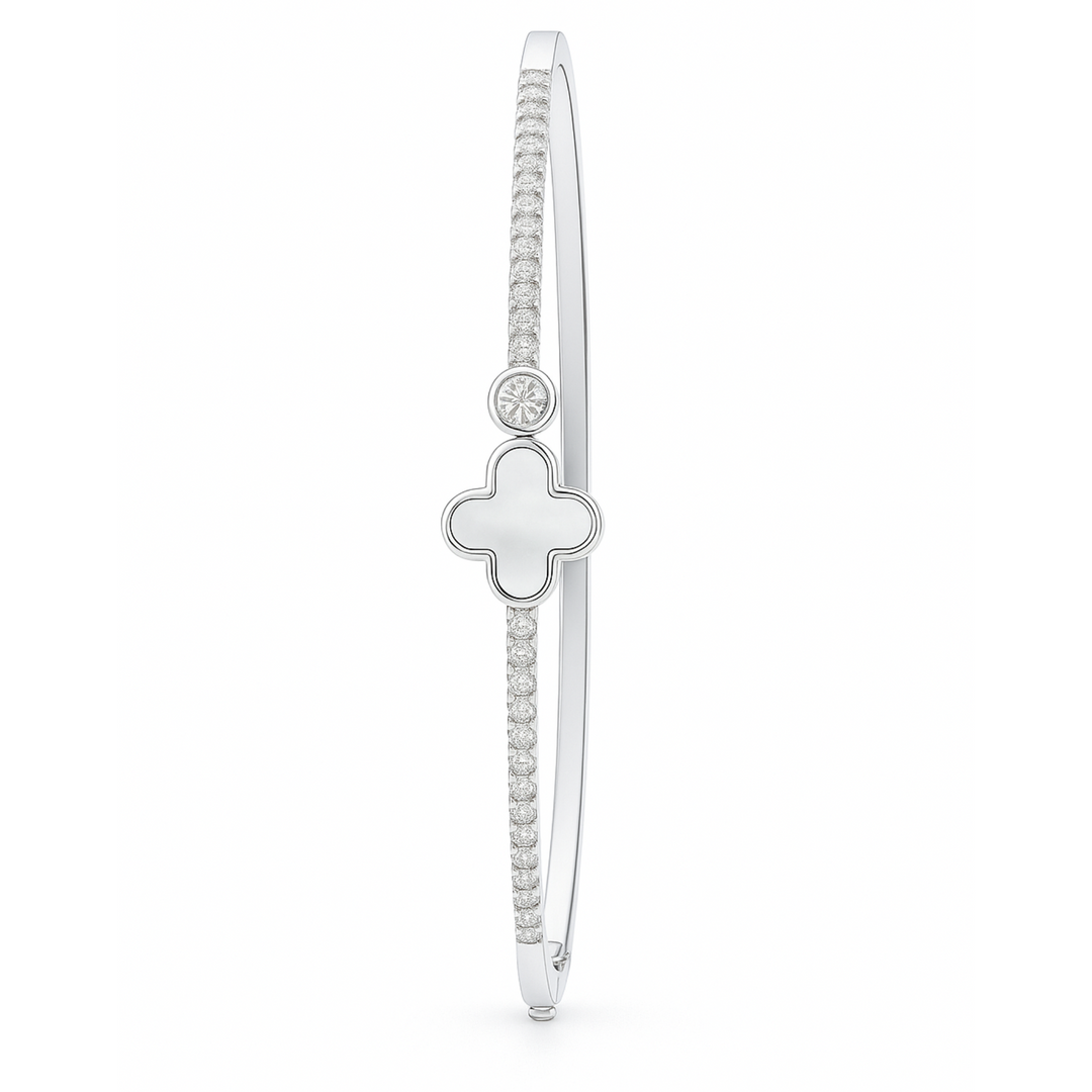 925 Sterling Silver Kada with Clover & Diamond-Cut CZ Accents – Elegant Women’s Bangle - SILVER OCEAN 925 Sterling Silver Kada with Clover & Diamond-Cut CZ Accents – Elegant Women’s Bangle