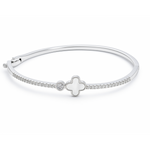 Load image into Gallery viewer, 925 Sterling Silver Kada with Clover &amp; Diamond-Cut CZ Accents – Elegant Women’s Bangle - SILVER OCEAN 925 Sterling Silver Kada with Clover &amp; Diamond-Cut CZ Accents – Elegant Women’s Bangle

