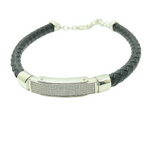 Load image into Gallery viewer, Men’s Black Braided Leather Kada Bracelet with Silver Studded Bar – Adjustable Clasp - SILVER OCEAN Men’s Black Braided Leather Kada Bracelet with Silver Studded Bar – Adjustable Clasp
