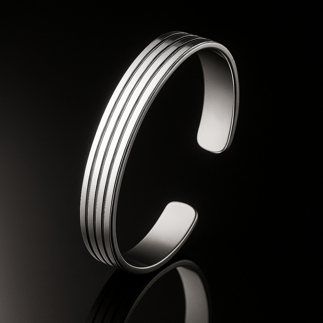 Unisex Sleek Silver Kada – Minimalist Open Cuff Bracelet with Triple-Line Detailing - SILVER OCEAN Unisex Sleek Silver Kada – Minimalist Open Cuff Bracelet with Triple-Line Detailing